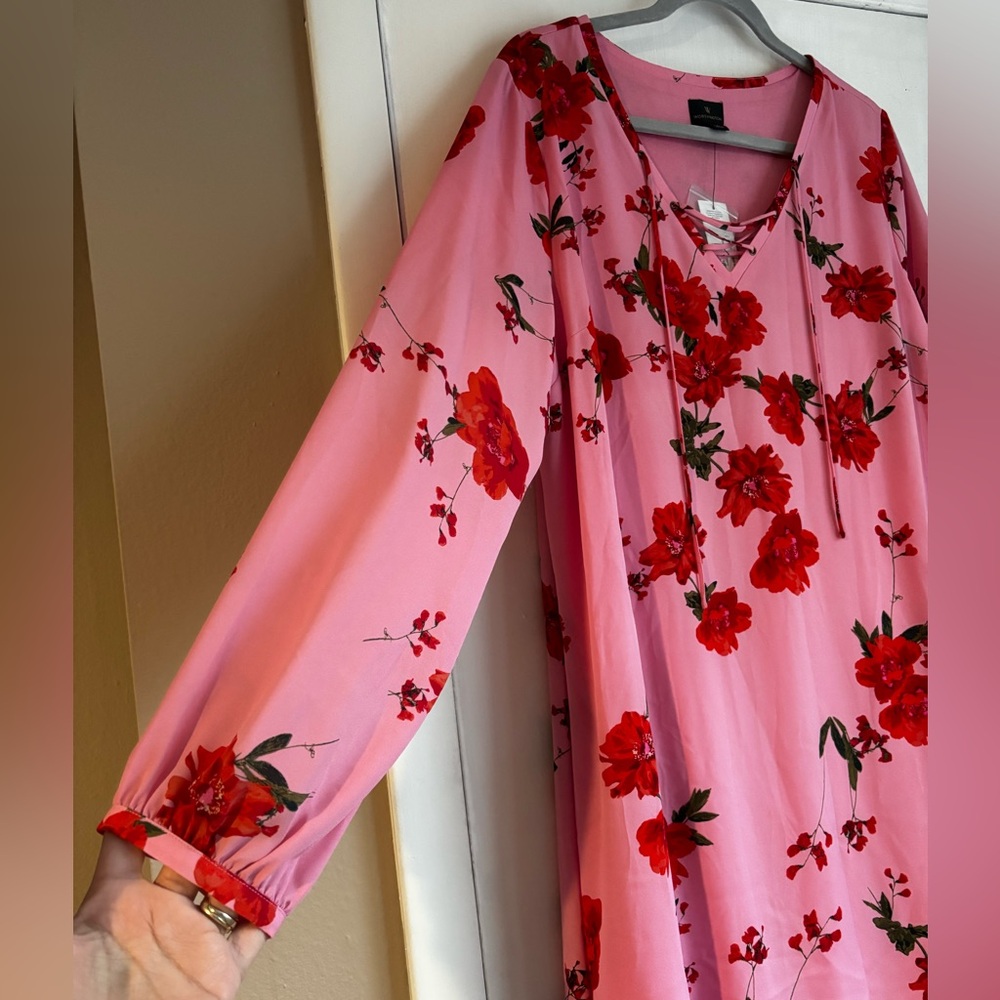 Worthington Pink and Red Floral Lace-Up Long Sleeve Dress, Size XL - Picture 6 of 9